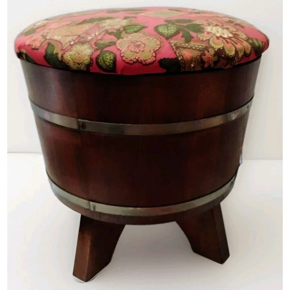Vtg 1970s George B. Bent Wooden Barrel Sewing Stool with Bicentennial Patriotic